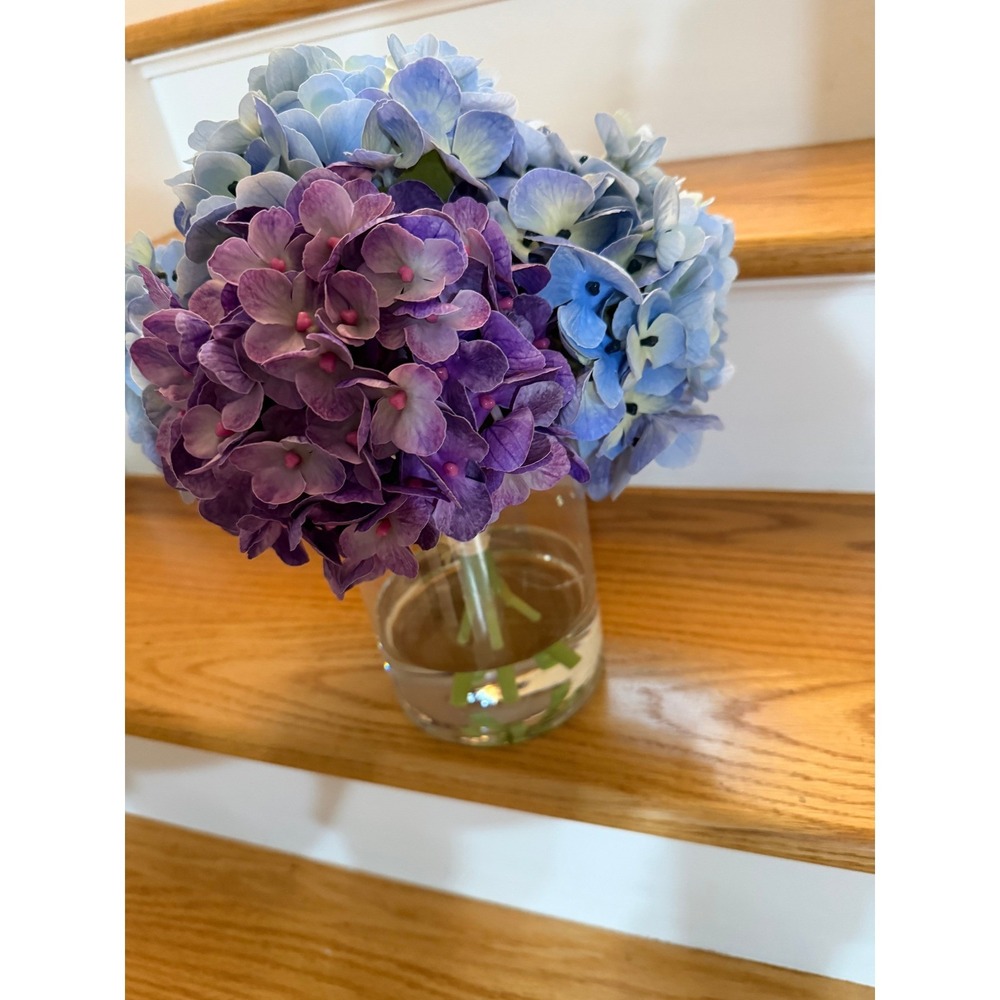 Nearly Natural 12" Artificial Hydrangea Floral Clear Glass Vase Faux Water NEW